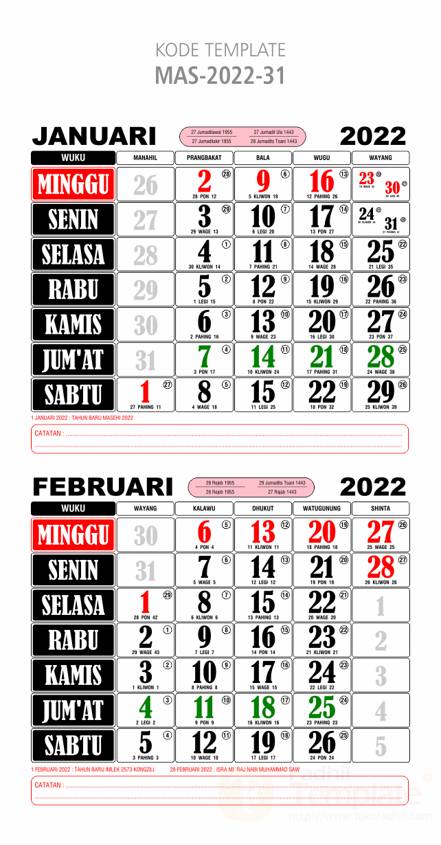 Template Kalender 2022 31 Toko Fadhil Template